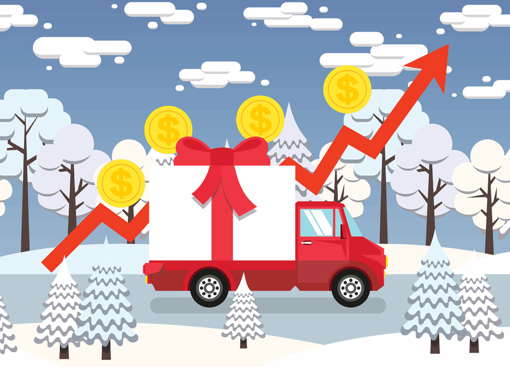 A package delivery truck driving on a snowy road in the woods with a red chart arrow going up with money around it.