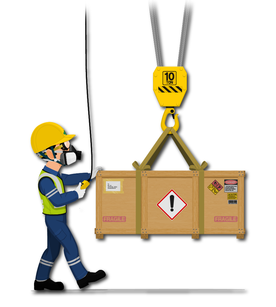 Man wearing PPE pushing a crate.