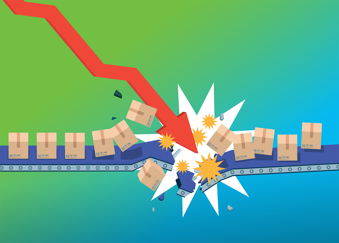 Conveyor belt of packages destroyed with a down arrow